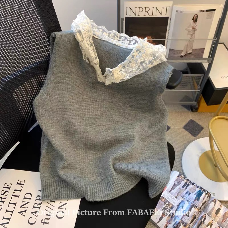 灰色蕾絲花邊連帽針織馬甲女春季新款韓系顯瘦坎肩背心設計感毛衣
