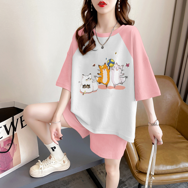 Real shot of pure cotton 32 double yarn 320g 2025 summer sports short-sleeved T-shirt shorts suit women's two-piece set