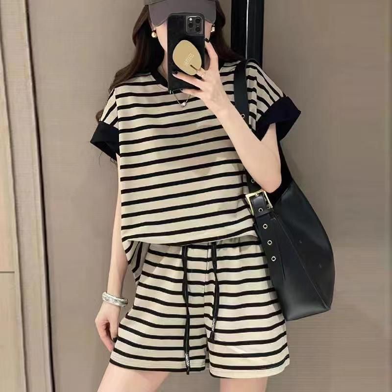 休閒條紋短袖夏季新款時尚顯瘦減齡運動短褲兩件套外穿套裝一整套