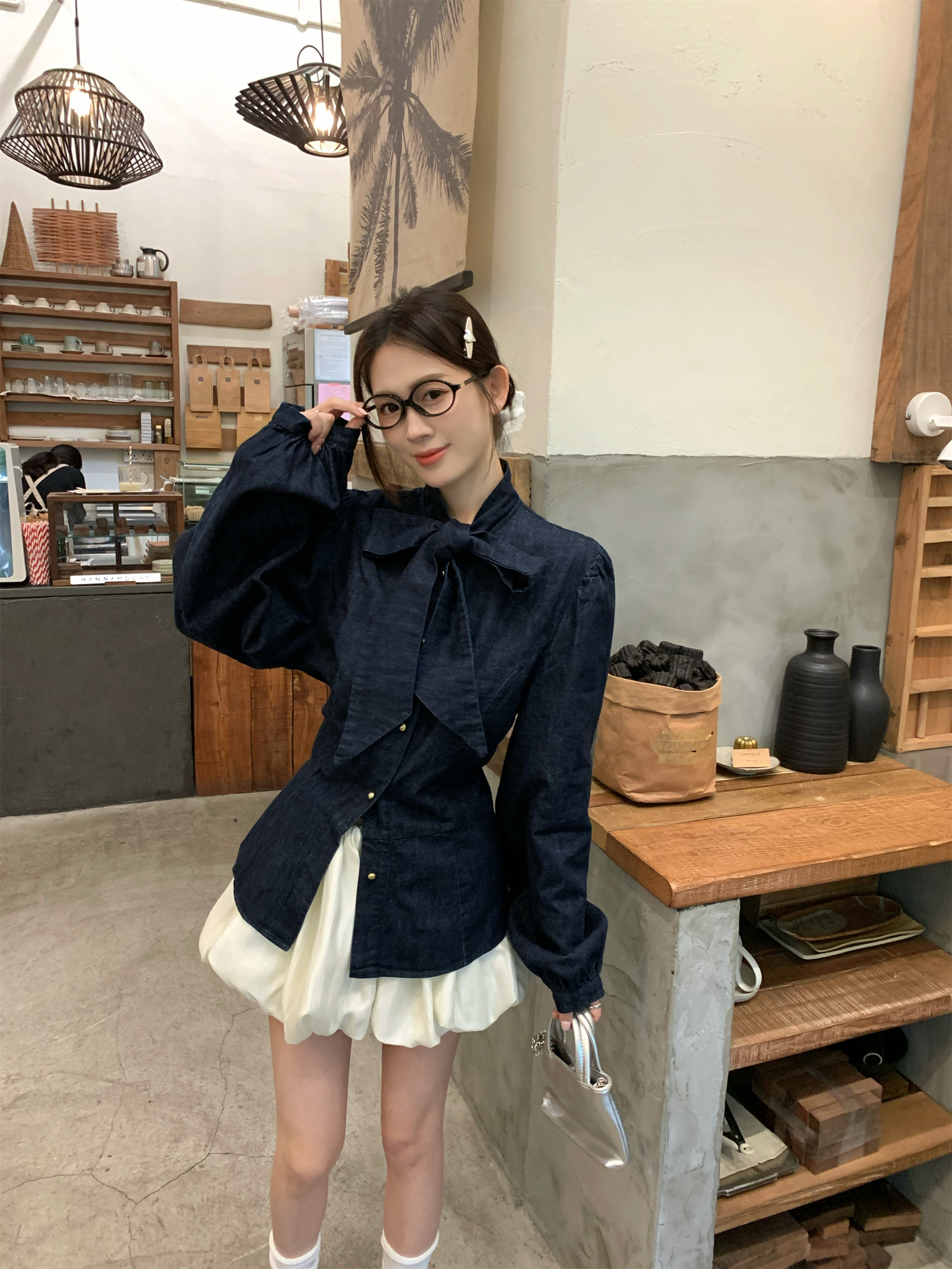 Live Shot~ Korean Style Long-Sleeve Waist-Cinched Bodice with Butterfly Ties + Skirt
