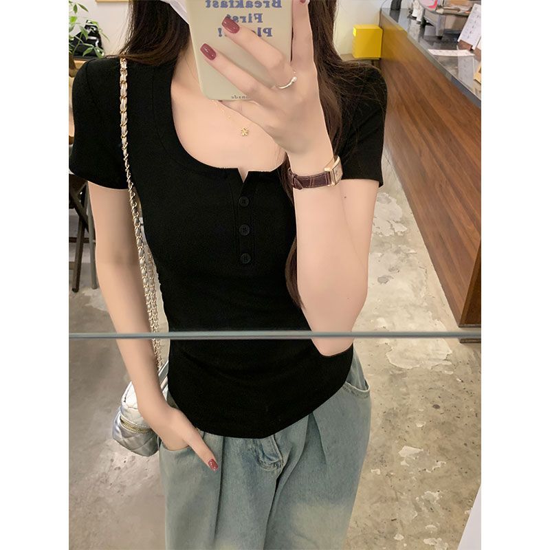 2025 summer new versatile slim short-sleeved T-shirt for women's design niche pleated slim and pure short top