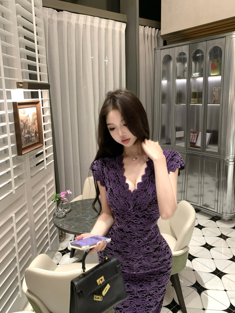 Real photos of purple Qi Donglai vint@ge beautiful woman dress sexy slim skirt women spring and summer