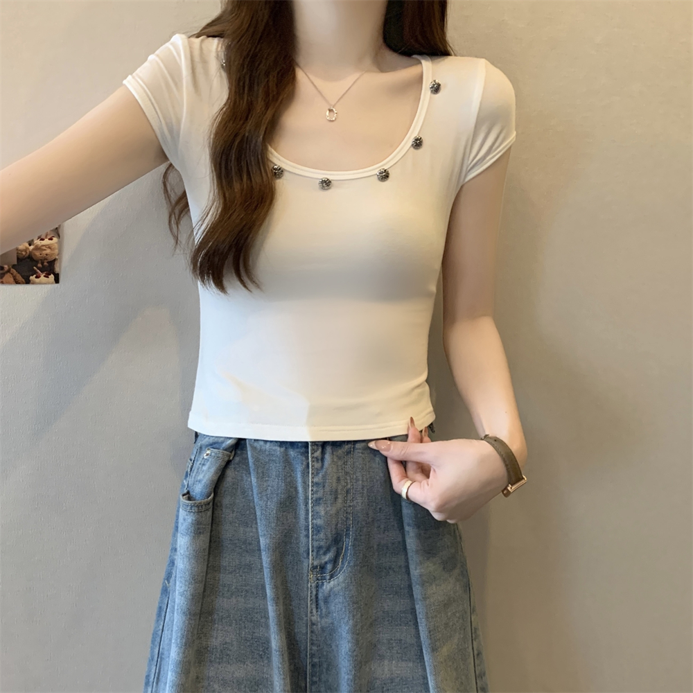 實拍  40支純棉210克92棉/8氨綸紐扣短袖T恤女小眾