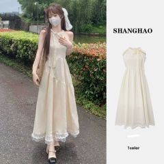 French-style tea party off-shoulder sleeveless dress for women, summer waist-cinching, hollow-out design, unique and slimming long dress