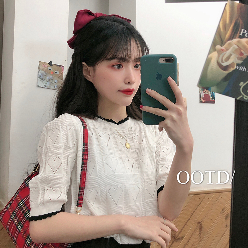 夏季2025新款韓版百搭白色套頭寬鬆針織打底衫女短袖上衣服潮