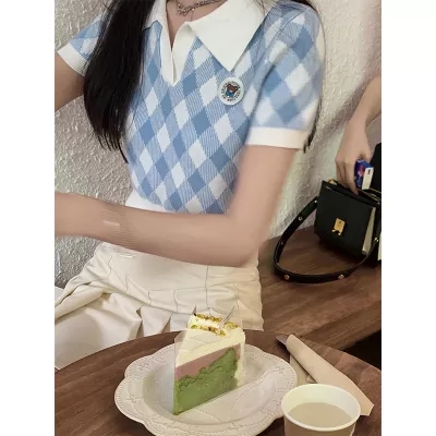 菱格短款上衣女POLO領夏新款學院百搭短袖針織衫