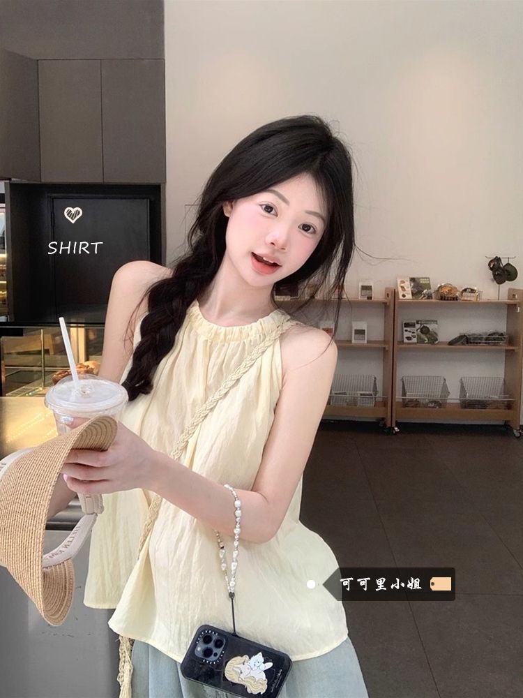 奶甜淺黃色掛脖無袖襯衫女夏季新款純欲風減齡遮肉顯瘦上衣娃娃衫