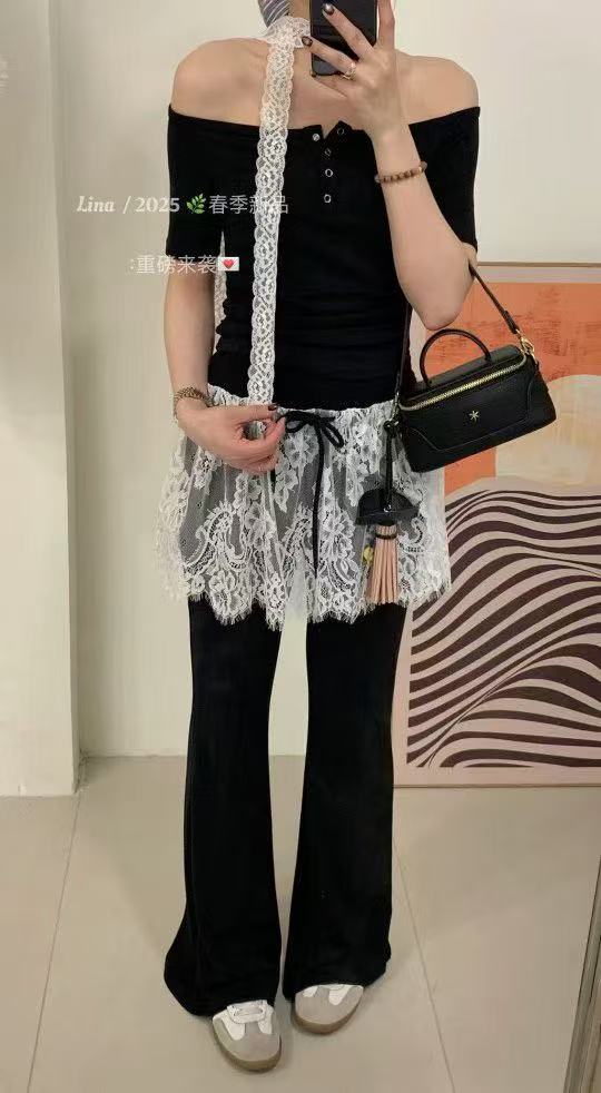 2025春夏新一字圓領蕾絲拼接純棉喇叭褲圍巾三件套韓日ins潮chicK