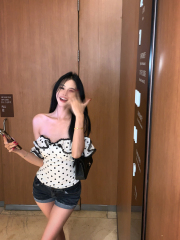 Real shot of spring and summer new style waist-hugging and slimming hollow square collar lace lotus leaf polka dot top for women