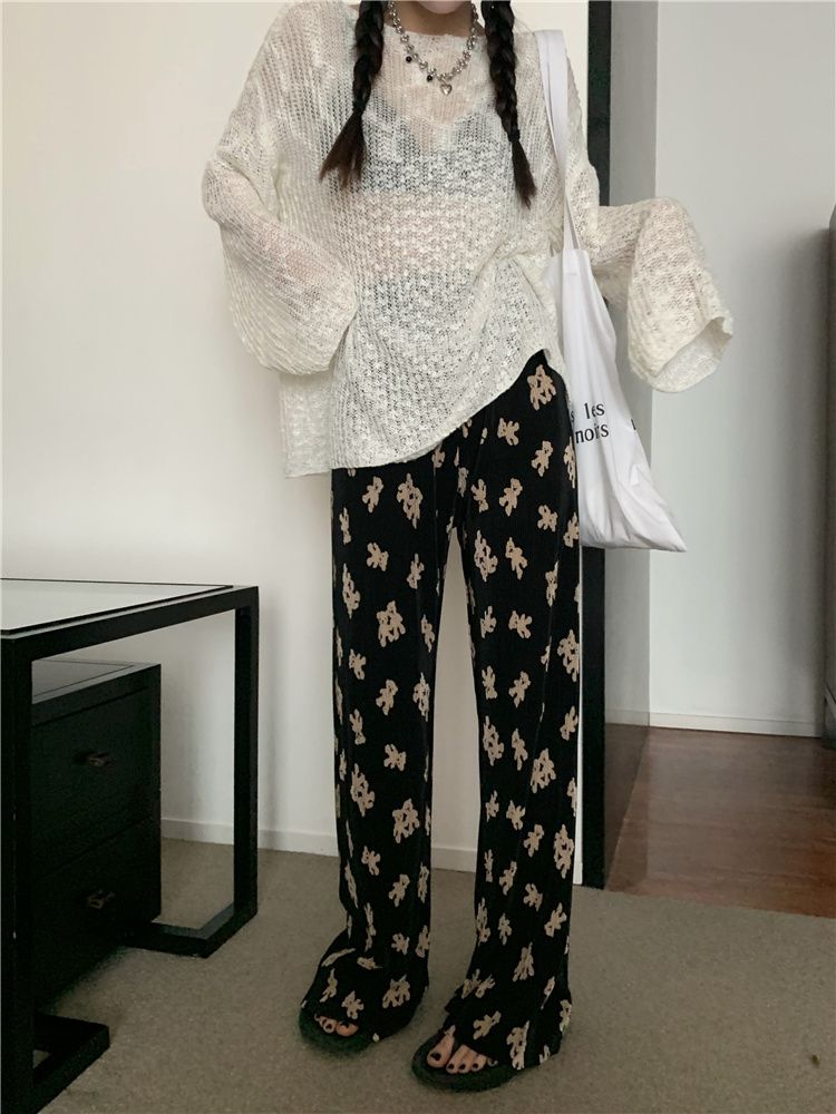 可愛小熊印花開叉休閒褲薄款高腰顯瘦闊腿褲女夏季新款ins潮褲子