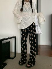 可愛小熊印花開叉休閒褲薄款高腰顯瘦闊腿褲女夏季新款ins潮褲子