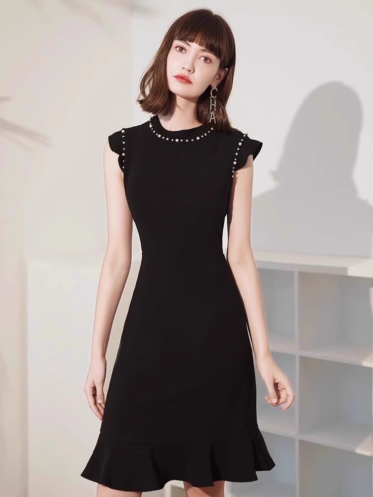 黑色魚尾小個子年會晚宴禮服裙高級感生日連衣裙女輕奢眾高端短款