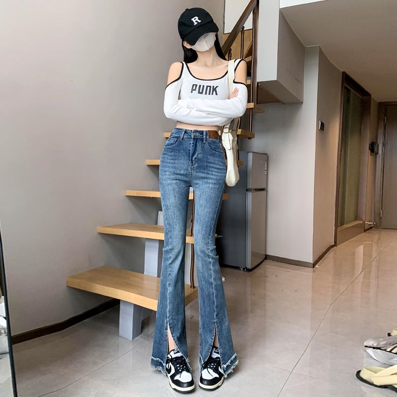 Real shot of 2025 spring American high-waisted slim slit slightly flared stretch wide-leg trousers