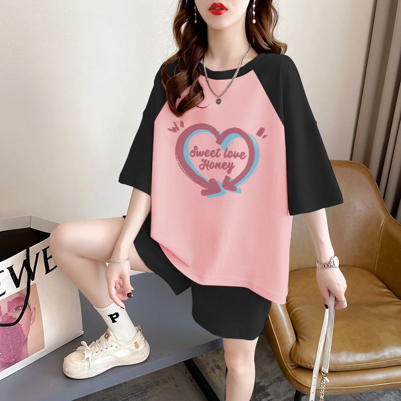 Real shot of pure cotton 32 double yarn 230g 2025 summer casual short-sleeved T-shirt shorts suit women's two-piece set