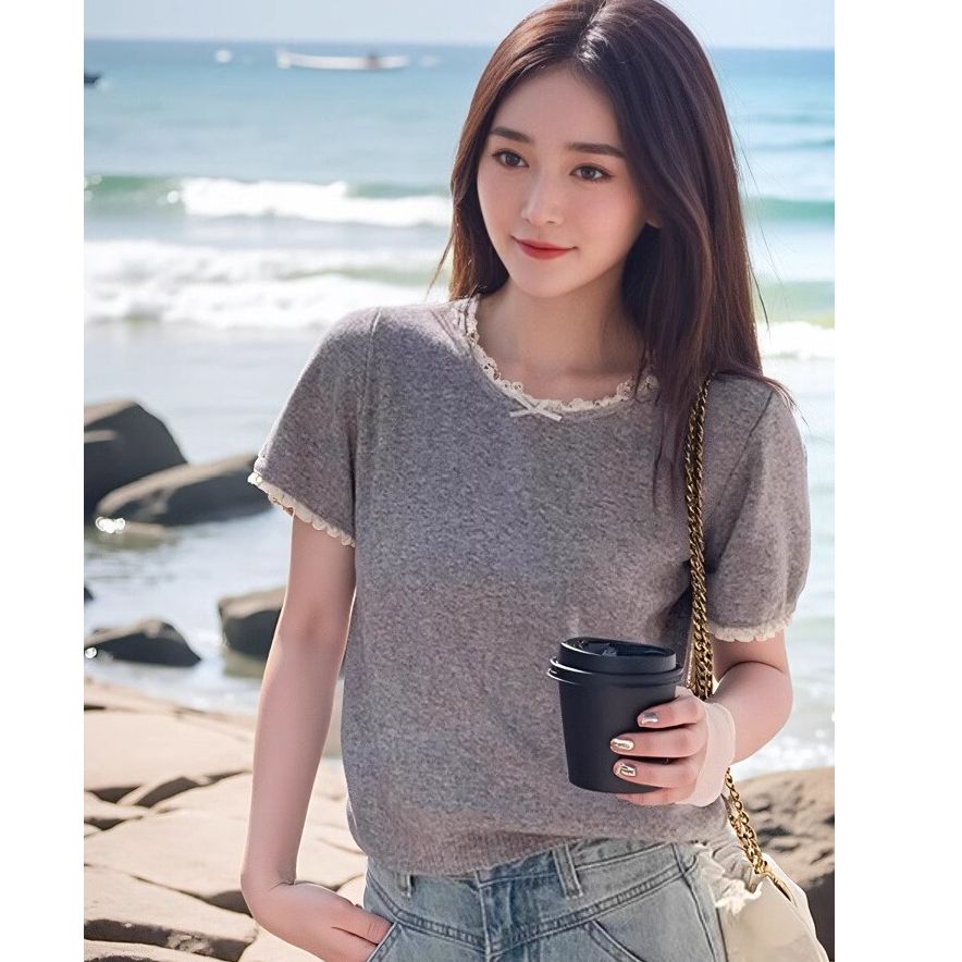 灰色蕾絲邊拼接短袖針織衫T恤女2025春夏新品小個子百搭顯瘦上衣