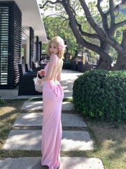 Real photo of beautiful back satin bow goddess long dress dress dress birthday dress