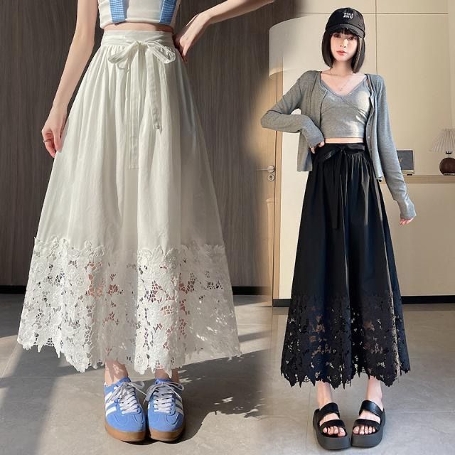 法式蕾絲拼接鏤空刺繡半身裙女高腰A字大擺傘裙
