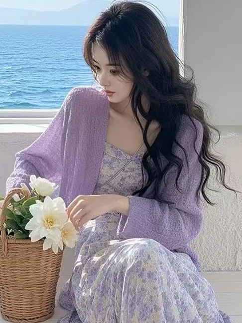 2025 super hot spring outfit suit for women gentle style, age-reducing slimming floral dress knitted cardigan two-piece set