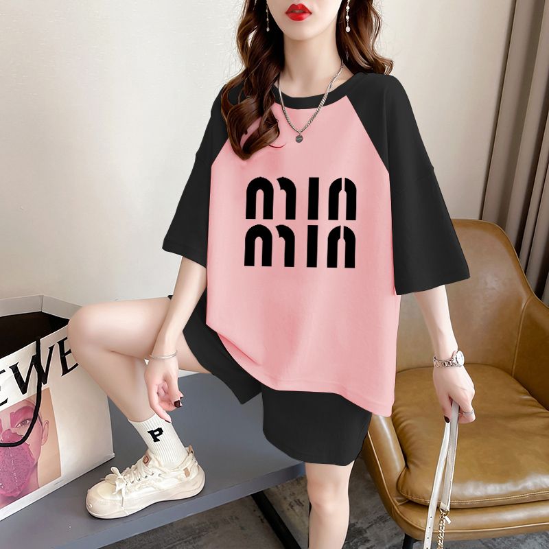 Real shot of pure cotton 32 double yarn 230g 2025 summer casual short-sleeved T-shirt shorts suit women's two-piece set