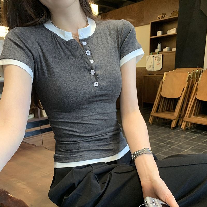 莫代爾人棉美式辣妹圓領紐扣正肩短袖T恤女夏季修身打底衫