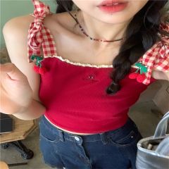 甜美風刺繡蕾絲花邊格子吊帶背心女夏季2025新款短款修身顯瘦上衣