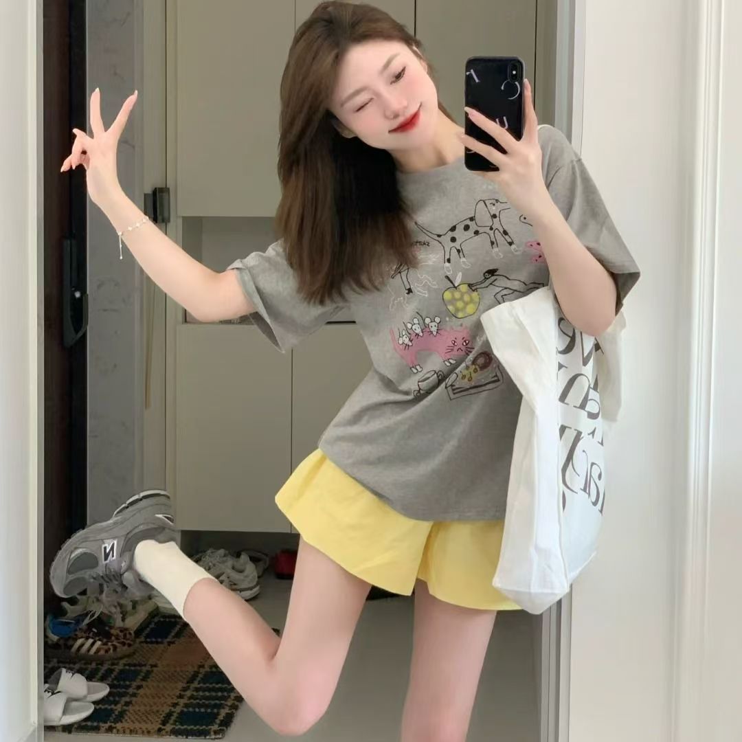 趣味可愛套裝塗鴉印花純棉T恤夏季女甜美休閒奶黃短褲兩件套