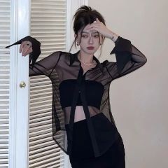 港味黑色薄紗透視性感防曬襯衫外套女夏季設計感小眾氣質長袖上衣