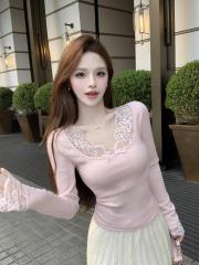 Real shot of pure lace splicing T-shirt for women, slim inner slim base long-sleeved top