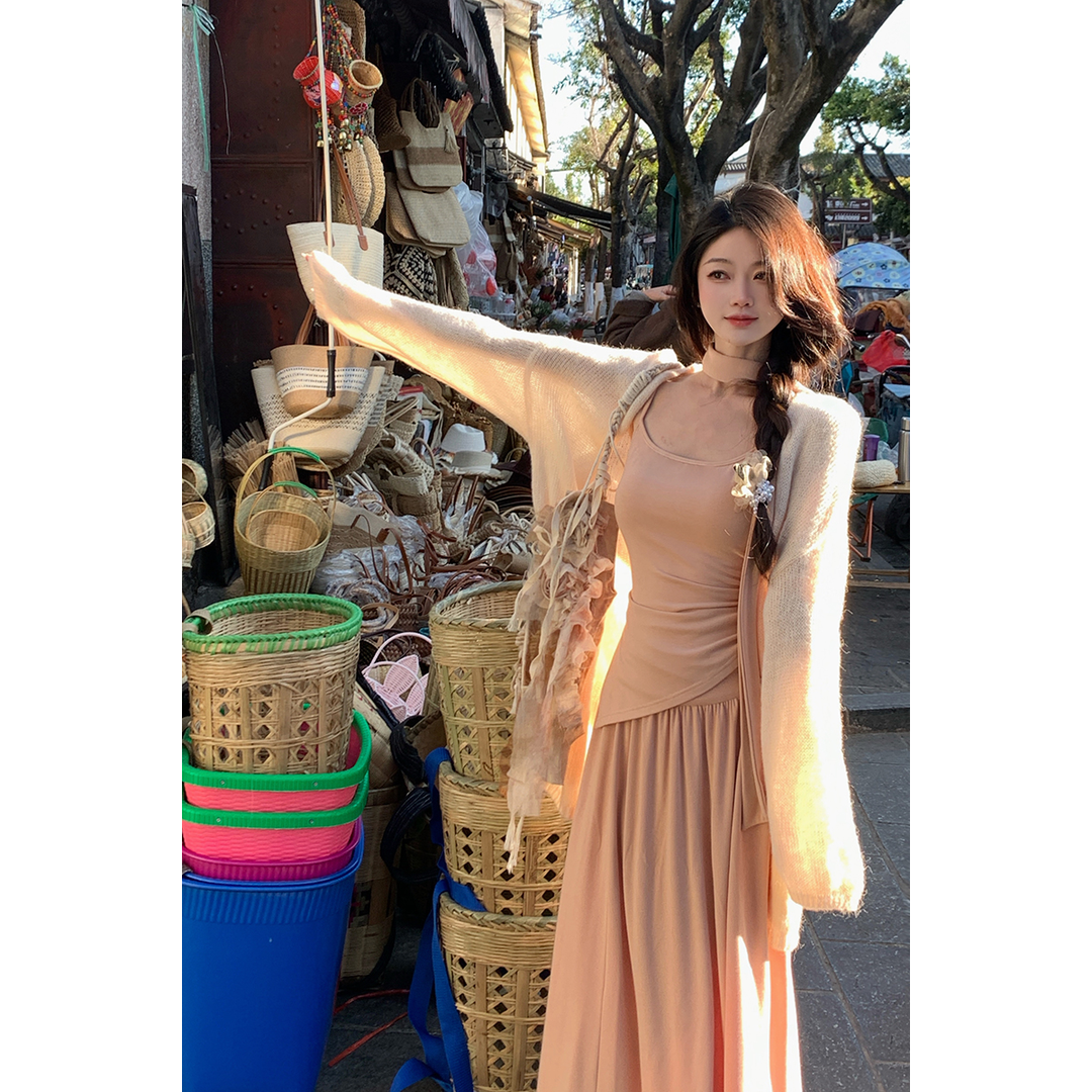 佐佐家小個子慵懶風寬鬆中長款針織衫外套女春季長袖薄款毛衣開衫