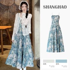 French Retro Summer Floral Strappy Dress 2025 Oil Painting Strappy Dress New Set Lace Open Top