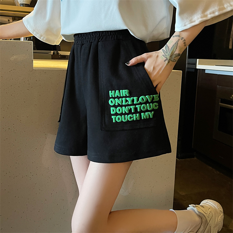 260#-實拍發泡立體印花 夏季新款寬鬆休閒顯瘦闊腿短褲女