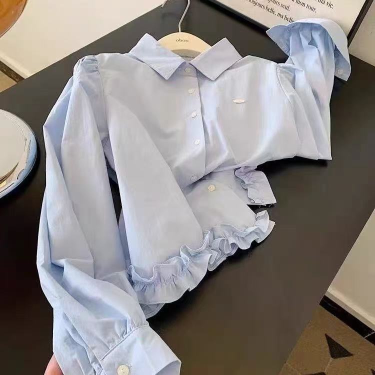 Korean sweet blue shirt top for women 2025 spring new commuter temperament atmosphere shirt