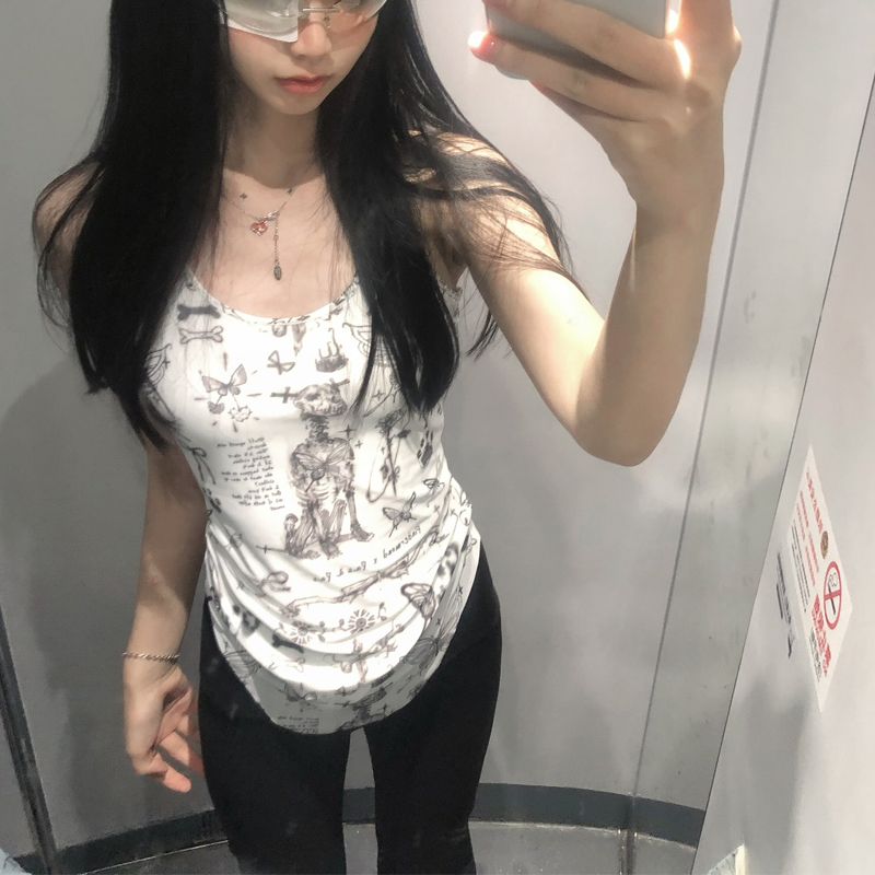 2025夏季新款蝴蝶印花吊帶外穿法式純欲小背心低領露鎖骨辣妹上衣