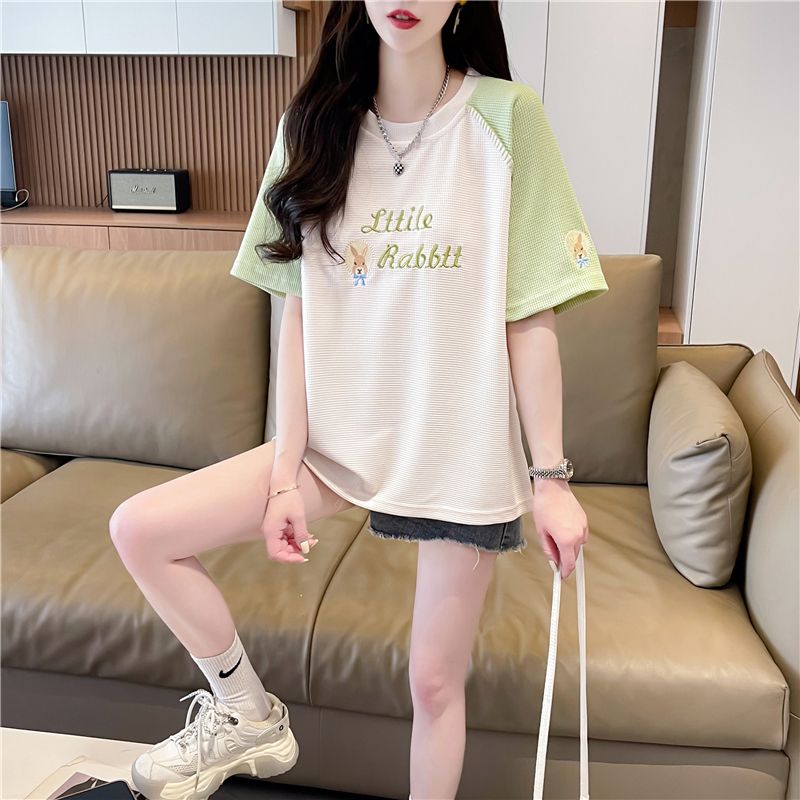 Real shot jacquard color-blocking short-sleeved T-shirt women's summer new design niche loose large-size top
