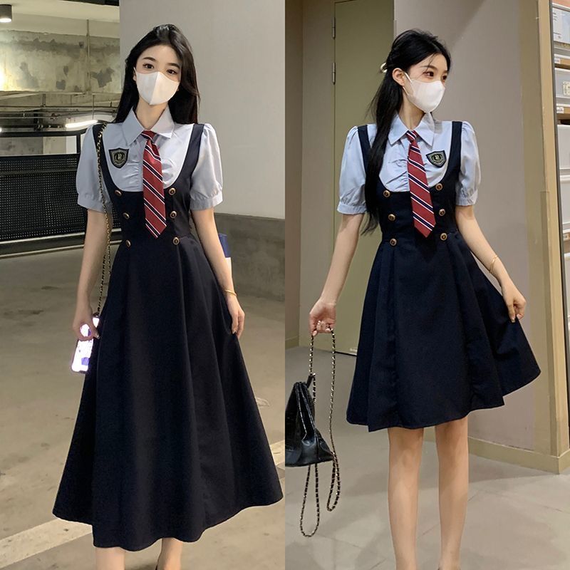 學院風jk制服收腰顯瘦短袖襯衫背帶連衣裙兩件套裝女夏純欲風裙子