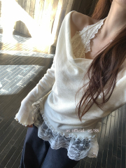 純欲風辣妹蕾絲拼接假兩件掛脖長袖T恤女春季設計感修身絕美上衣