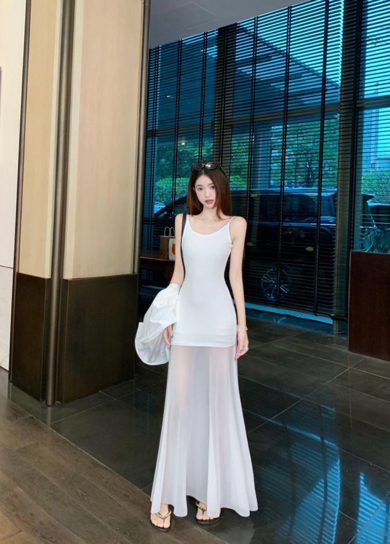 2*2-person cotton splicing mesh splicing suspender dress design slim long skirt waist pack hip A-line skirt
