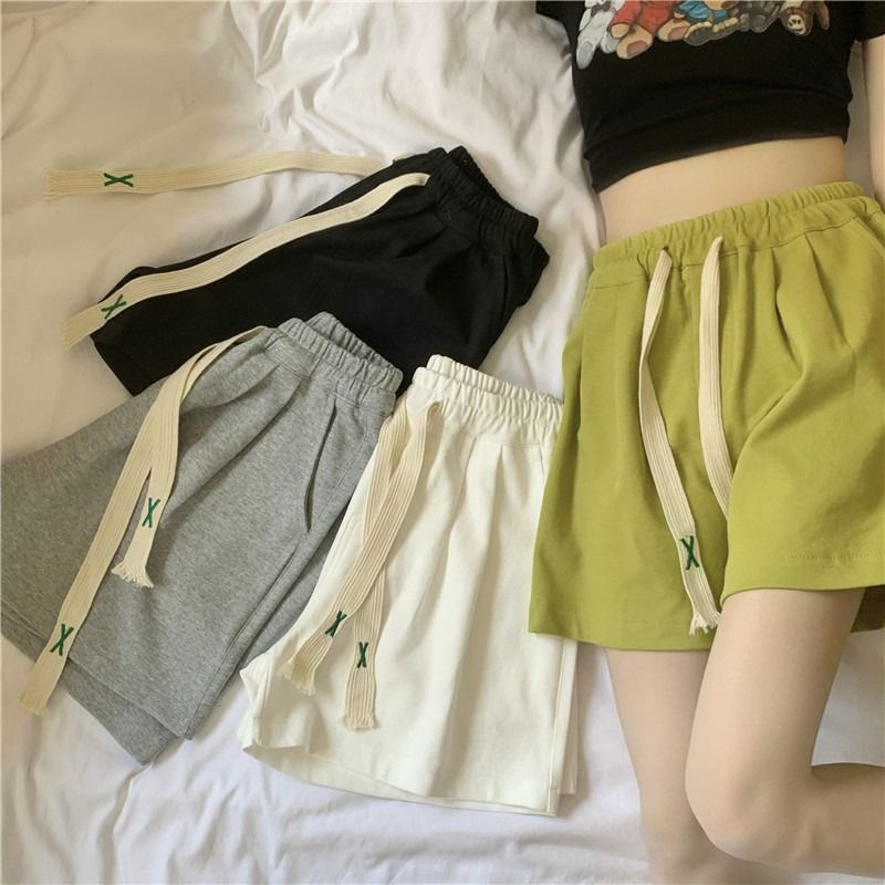 6535魚鱗鬆緊腰外穿運動闊腿短褲女夏季新款高腰顯瘦純色褲子