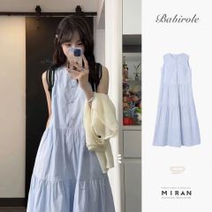 夏季未聞花名無袖法式優雅少女感藍色蛋糕裙擺簡約溫柔風連衣裙子