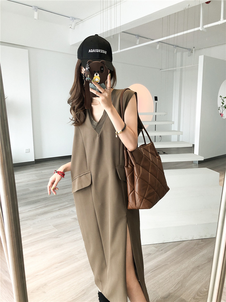 高級感氣質連衣裙女春夏秋冬新款大碼胖mm顯瘦V領遮肚開叉長裙子