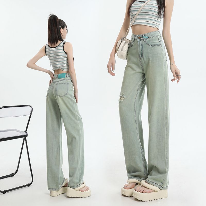 Real shot of 2025 spring Korean version of ripped holes to make you look slim and loose versatile straight-dial floor pants