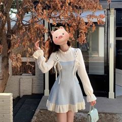 小香風假兩件連衣裙女冬miu系穿搭松本掐腰小個子短裙女新款喪喪