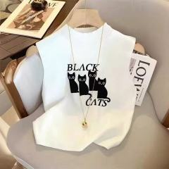 Feminine summer tank top with cute cat print, French-style, beautiful and sweet, slim-fitting, can be worn as a base layer or outerwear, knitted top.