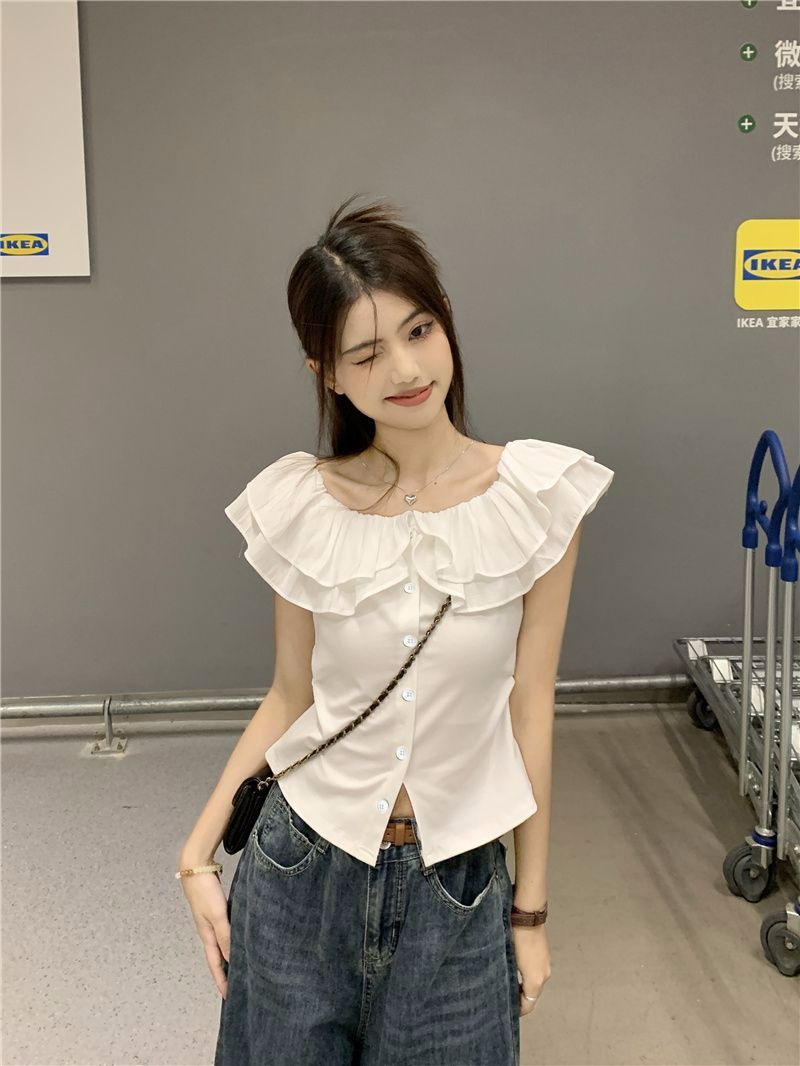 娃娃領甜美法式飛飛袖荷葉邊襯衫女夏季新款設計感顯瘦短款上衣