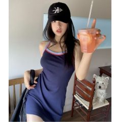藍色針織吊帶連衣裙女夏季2025新款辣妹裙子撞色收腰修身包臀短裙