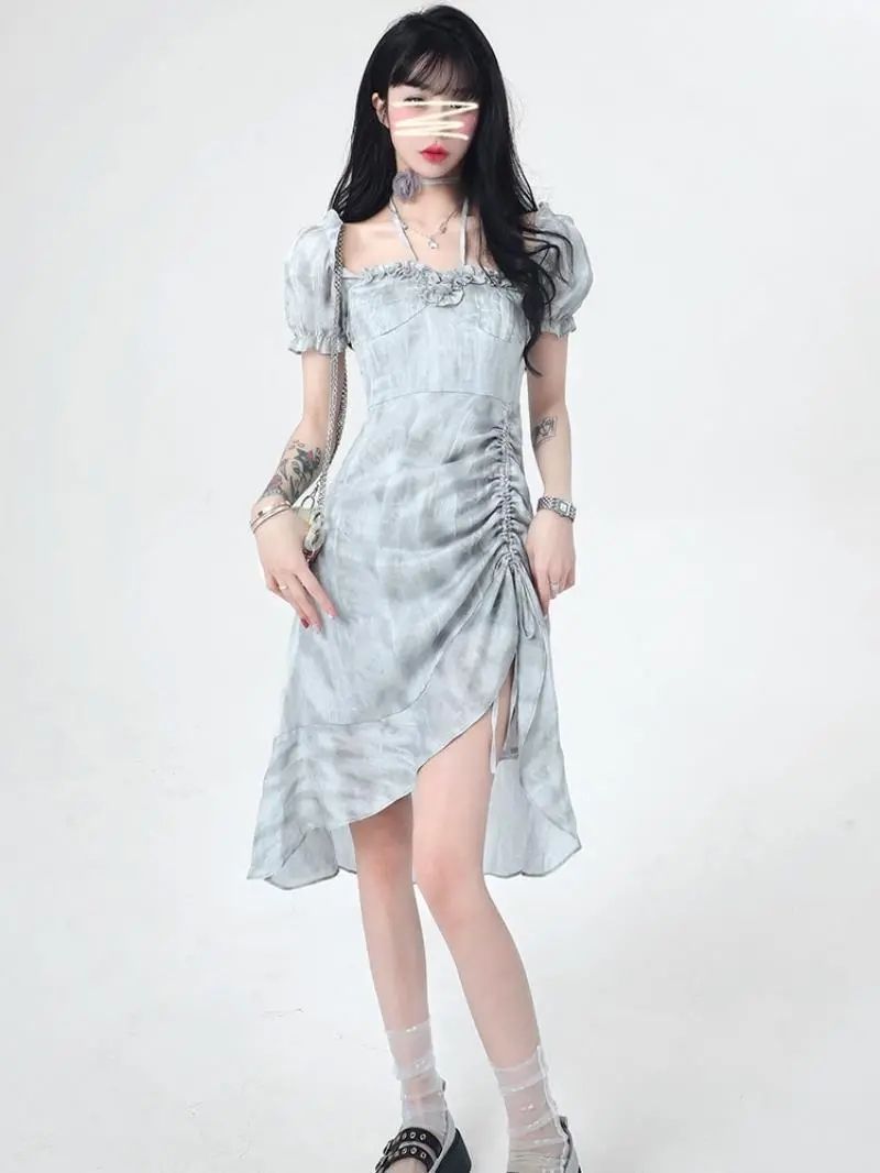 2025 summer new pure desire ink painting pleated dress for women with high-end hot girls ruffled midi skirt