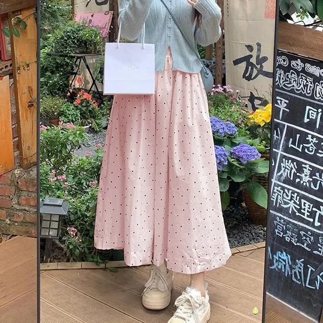 Ji Nianchun and summer new skirt mid-length super fairy a-line skirt waist-closing flesh to make the fairy skirt look slimming fairy skirt polka dot skirt