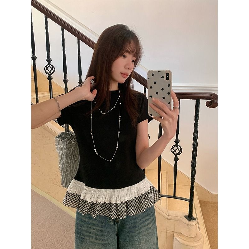 莫代爾人棉260克夏裝小眾蓬蓬花邊拼接T恤韓版設計感上衣女