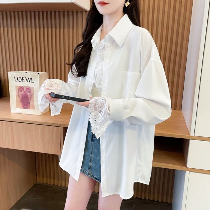 Real photo Korean spliced ​​lace collar long-sleeved shirt new spring loose mid-length chic cardigan top