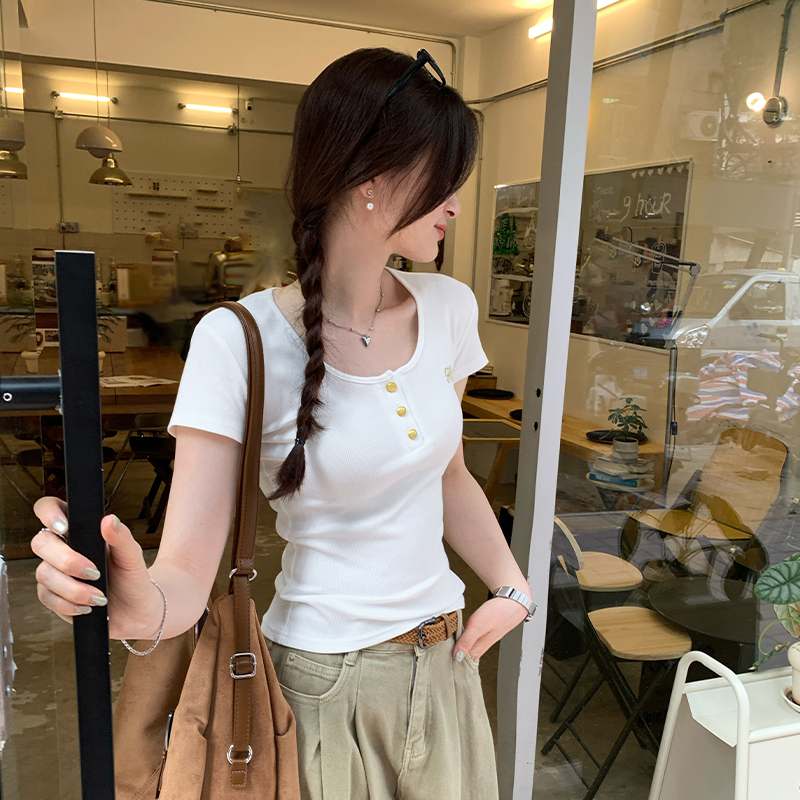 Real photo embroidered shoulder short-sleeved T-shirt for women 2025 summer new American hot girl slim and beautiful small top